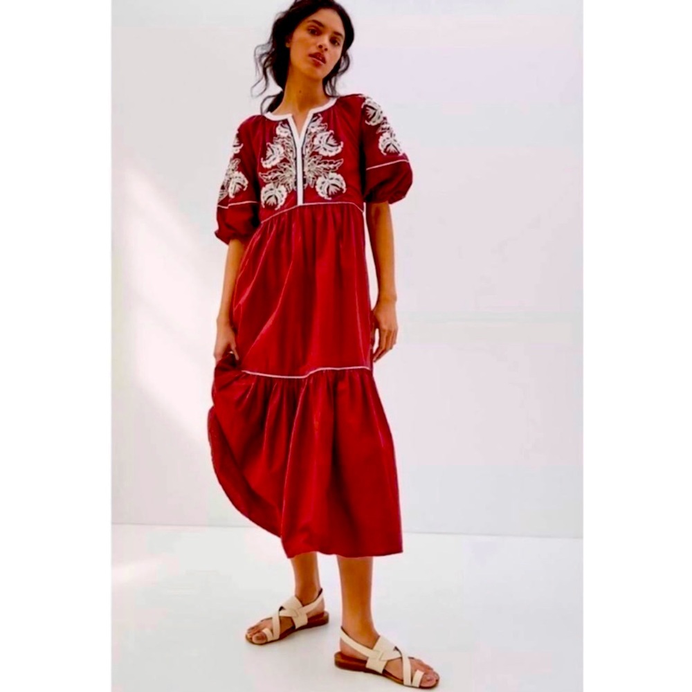 BRAND NEW ANTHROPOLOGIE GRETEL PEASANT STYLE EMBROIDERED MIDI DRESS SIZE LARGE